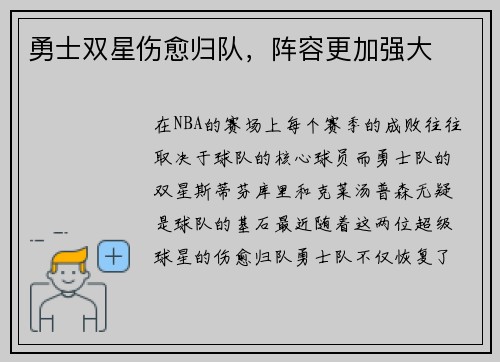 勇士双星伤愈归队，阵容更加强大